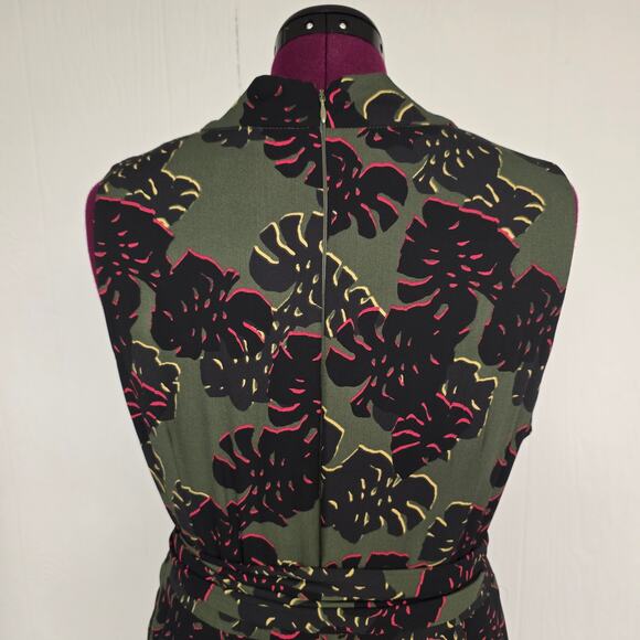 Women's Tahari Olive Black Abstract Floral A-Line Self Tie Dress | Size 16 - Picture 8 of 12